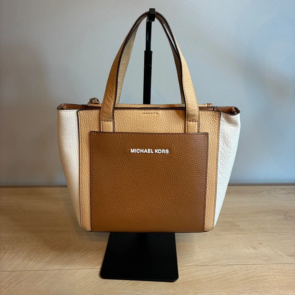 Michael Kors Small Tri-Color Pebbled Leather Satchel Crossbody Bag Tan Brown